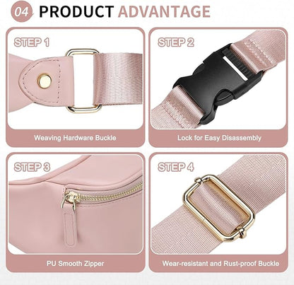 Faux Leather Belt Bag for Women, Crossbody Fanny Pack with Adjustable Strap, Back Zipper Pocket, Large Capacity Waist Pack for Travel, Concerts, Pink