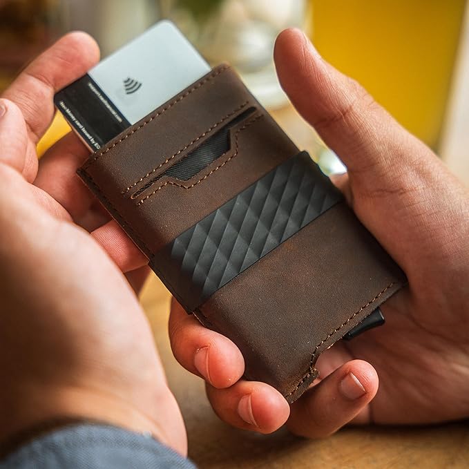 Hacksmith The Smith Wallet – Slim RFID Blocking Wallet for Men – Minimalist Front Pocket Wallet with Money Clip Band – Tactical Leather and Metal Wallets for Credit Cards & Cash (Cognac)