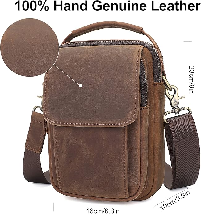 Augus Leather Small Messenger Bag For Men Crossbody Handbag Shoulder Sling Travel Bags for Men Purse Daypack Magnetic Buckle