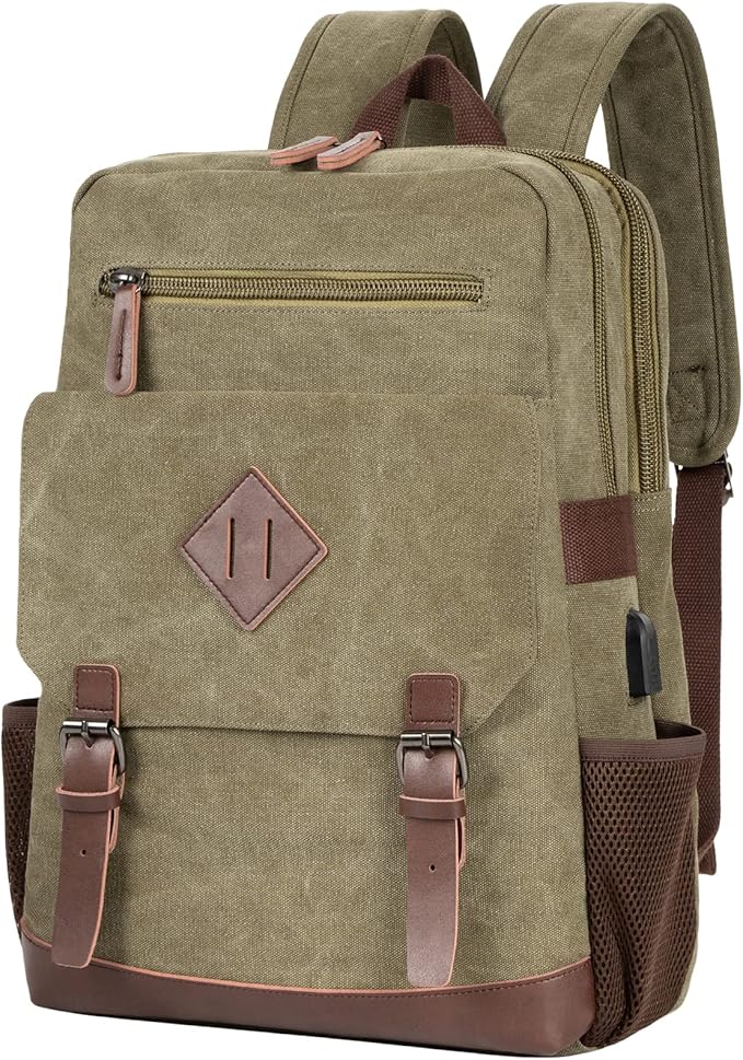 Modoker Eco-Friendly Vintage Backpack for Men Women, Canvas Bookpack Fits Most 15.6 Inches Computer and Tablets, Rucksack Backpack with USB Charging Port, Army Green