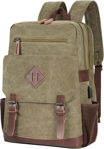 Modoker Eco-Friendly Vintage Backpack for Men Women, Canvas Bookpack Fits Most 15.6 Inches Computer and Tablets, Rucksack Backpack with USB Charging Port, Army Green