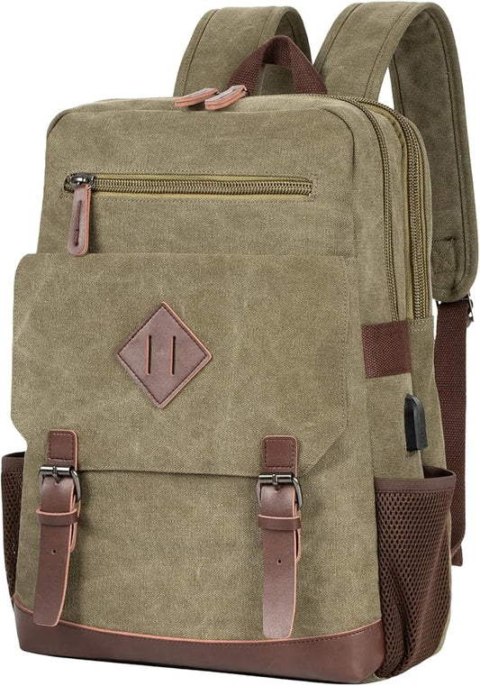 Modoker Eco-Friendly Vintage Backpack for Men Women, Canvas Bookpack Fits Most 15.6 Inches Computer and Tablets, Rucksack Backpack with USB Charging Port, Army Green