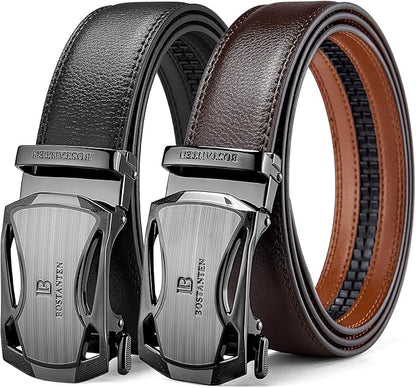 BOSTANTEN Ratchet Leather Belt For Men 2 Pack Dress and Casual with Adjustable Buckle, Trim to Fit