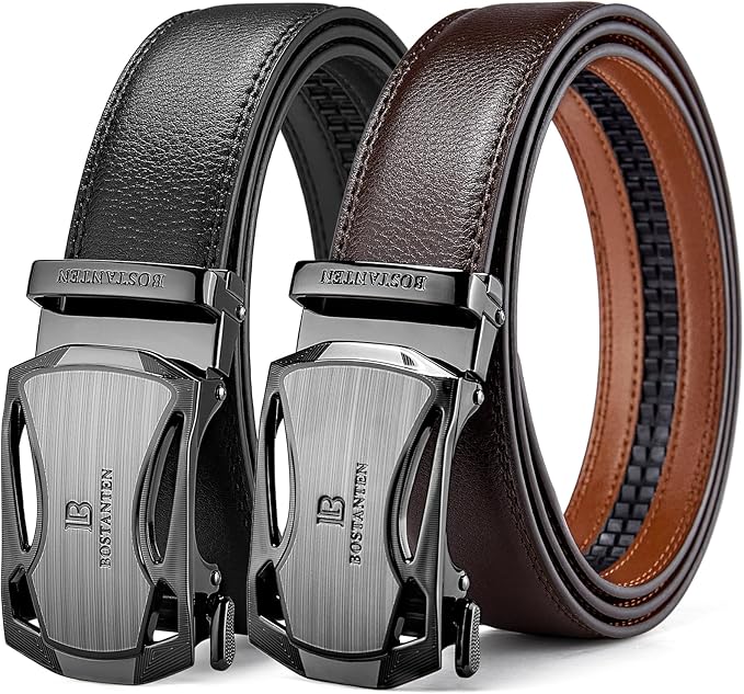 BOSTANTEN Ratchet Leather Belt For Men 2 Pack Dress and Casual with Adjustable Buckle, Trim to Fit