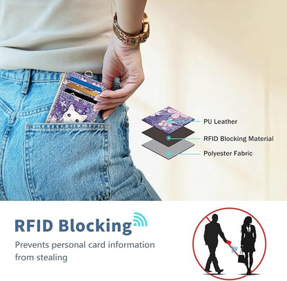 Lanyard Wallet with Id Badge Holder, White Cat RFID Small Keychain Wallet Women Wristlet, Cute Zipper Credit Card Holder Phone Wrist Neck Strap for Key Name Tag, Teacher Student Office Gifts