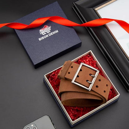 BISON DENIM Men's Belts Leather Dress Genuine Leather Classic Heavy Duty Buckle Belt Casual for Jeans