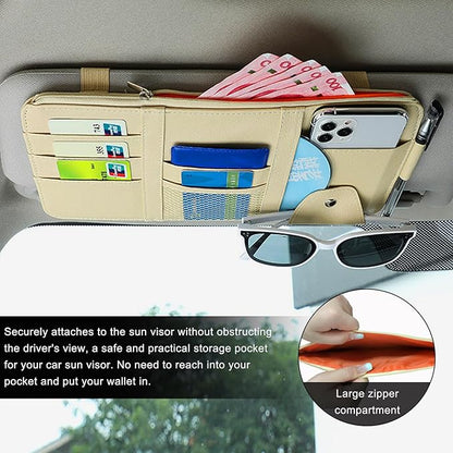 Ohleats Car Sun Visor Organizer, Multifunctional Visor Storage Holder for License Pen Key, Leather Card Cash Pouch with Multi-Pocket Net Zipper, Universal Interior Car Accessories (Beige)