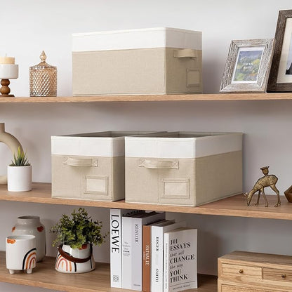 GRANNY SAYS Shelf Storage Baskets, Fabric Storage Bins for Clothes, Closet Storage Boxes with Handles, Collapsible Storage Containers for Bedroom and Living Room, Khaki&Ivory, Medium, 3-Pack