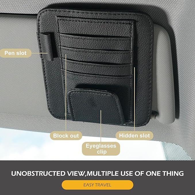 Car Sun Visor Organizer, Small Leather Car Visor Organizer with Sunglasses Clip, Multifunctional Auto Sun Visor Storage Pocket, Card Sleeve Pocket Organizer for Driving License, Pen, Chapstick