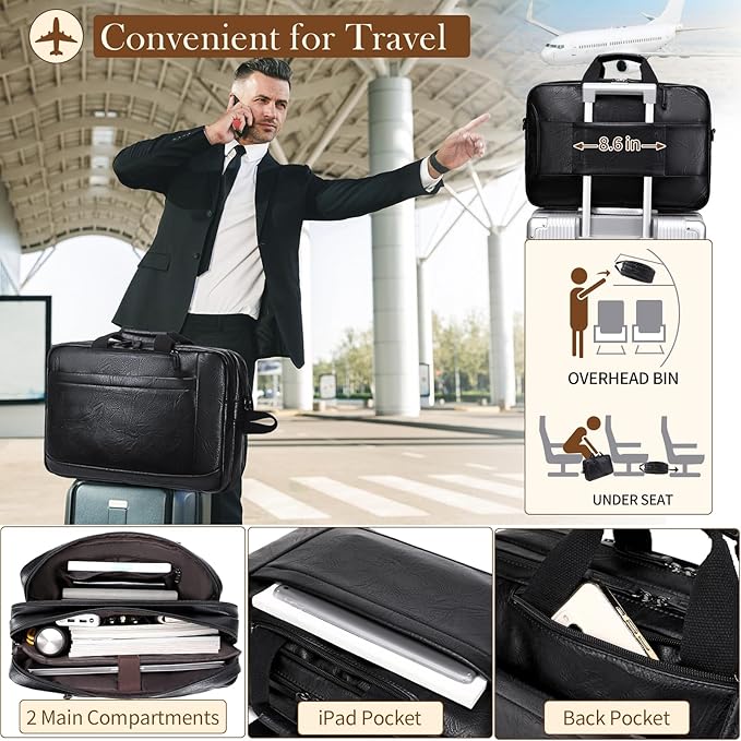 Faux Leather Messenger Bag for Men 17-17.3 Inch: Convertible 3 in 1 Backpack Laptop Briefcase Computer Handbags Shoulder CrossbodyBag with Padded for Work College Travel, PU Black