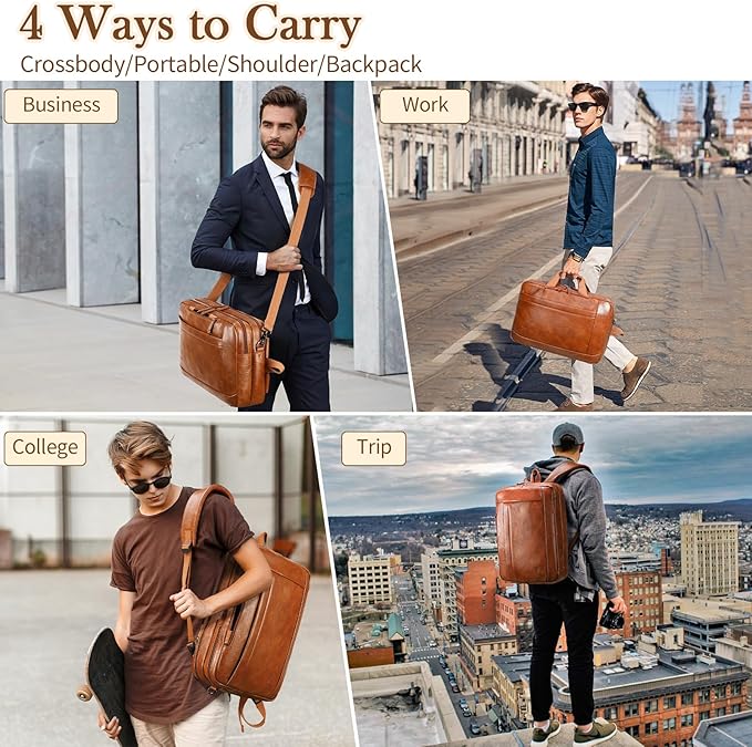 Faux Leather Messenger Bag for Men | 17-17.3 Inch Leather Mens Laptop Bag Leather Briefcasen Convertible Backpack 3 in 1 Computer Handbags Work Bag Shoulder Crossbody Bag Office | Vintage Brown