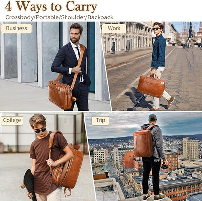 Faux Leather Messenger Bag for Men | 17-17.3 Inch Leather Mens Laptop Bag Leather Briefcasen Convertible Backpack 3 in 1 Computer Handbags Work Bag Shoulder Crossbody Bag Office | Vintage Brown