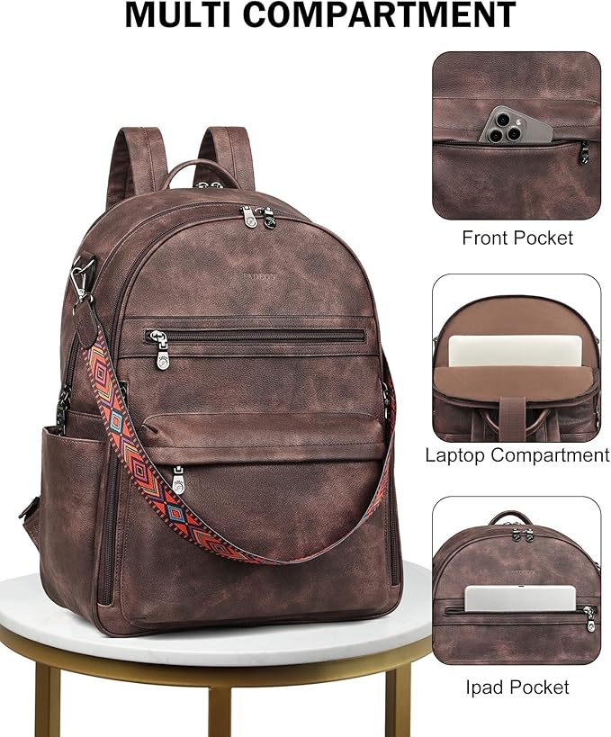 FADEON 15.6 inch Laptop Backpack Purse for Women Designer PU Leather Computer Backpacks Fashion for Work Travel Coffee Brown