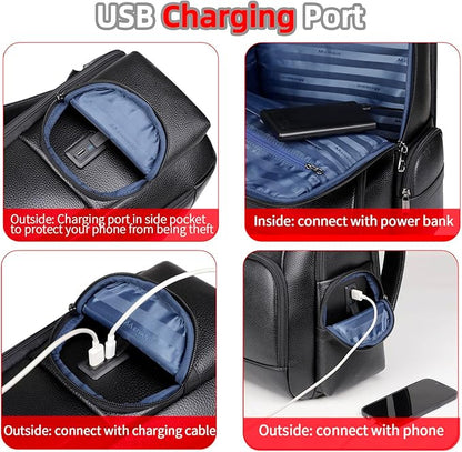 Genuine Leather Backpack for Men Business Black 15.6” Laptop with USB Charging Port Office Executive Mochila for Work Travel