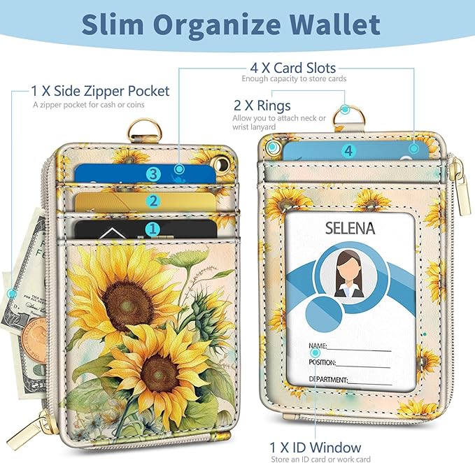 Lanyard Wallet with Id Badge Holder, Sunflower RFID Small Keychain Wallet Women Wristlet, Cute Zipper Credit Card Holder Phone Wrist Neck Strap for Key Name Tag, Teacher Student Office Gifts
