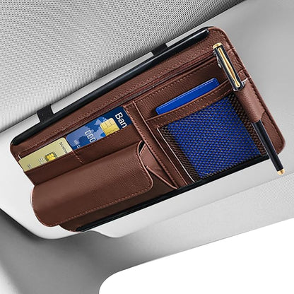 Hovom Car Visor Organizer, Leather Multi-Pocket Auto Sun Visor Storage Pouch with Sunglasses Holder, Card Holder, Zipper Pocket, Net Pocket, Pen Slot, Universal Interior Car Accessories (Brown)