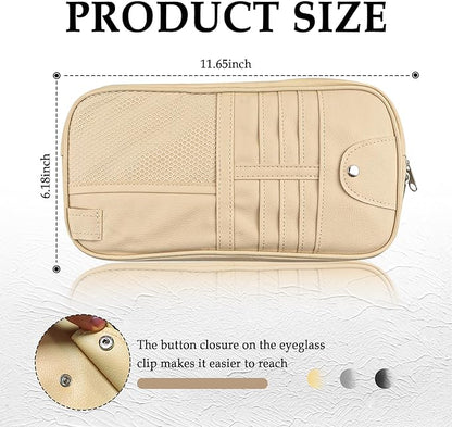Upgrade Car Visor Organizer,Multipurpose Car Sun Visor Organizer with Sunglasses Holder for CCar Storage Bank Cards,Driver's License,PU Leather Truck VVisor Organizers for Most Vehicles (Beige)