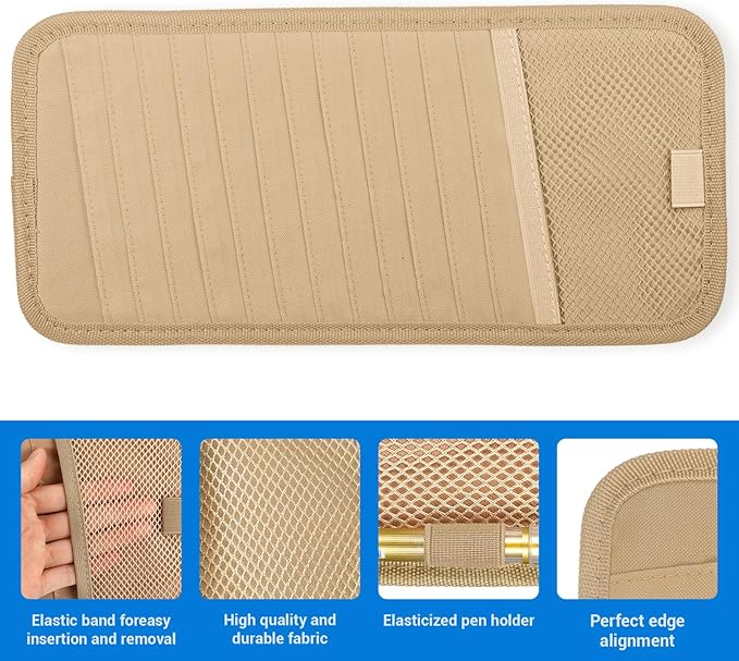 Molain CD Case Holder for Car, DVD Vehicle Sun Visor Organizer for Cars Large Capacity CD Visor Case Car with 12 DVD Storage Sleeves 1 Mesh Pocket 1 Pen Holder and Elastic Strap(Khaki)