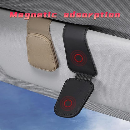 2PCS Sunglasses Holders for Car Sun Visor, Leather Eyeglasses Hanger Mounter, Magnetic Glasses Holder and Ticket Card Clip, Universal Auto Interior Accessories (Black, 1PCS)