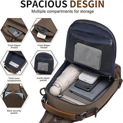 Canvas Sling Bag for Men, Waxed Canvas Crossbody Bag, Retro Vintage Chest Bag Spacious for Outdoor College Work