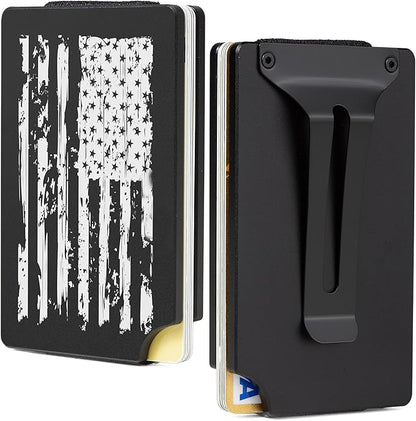 Minimalist Carbon Fiber Wallet for Men, Money Clip Cash Strap Wallet, RFID Blocking Metal Wallet Aluminum Card Holder,Front Pocket Wallet-USA Flag