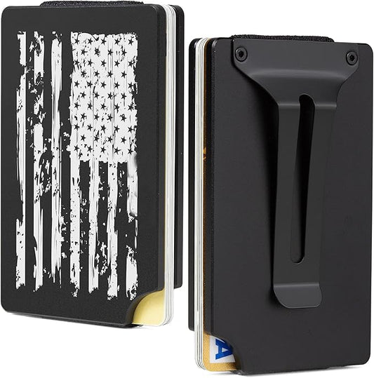Minimalist Carbon Fiber Wallet for Men, Money Clip Cash Strap Wallet, RFID Blocking Metal Wallet Aluminum Card Holder,Front Pocket Wallet-USA Flag