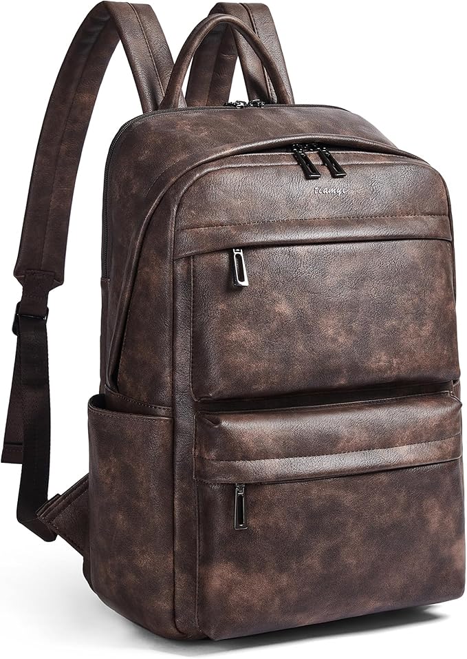 Vegan Leather Backpack for Women and Men, Fits 16.0 Inch Laptop, Multi-Pocket Design with Water Bottle and Luggage Strap, Ideal for Work, Travel, and Daily Use, Coffee