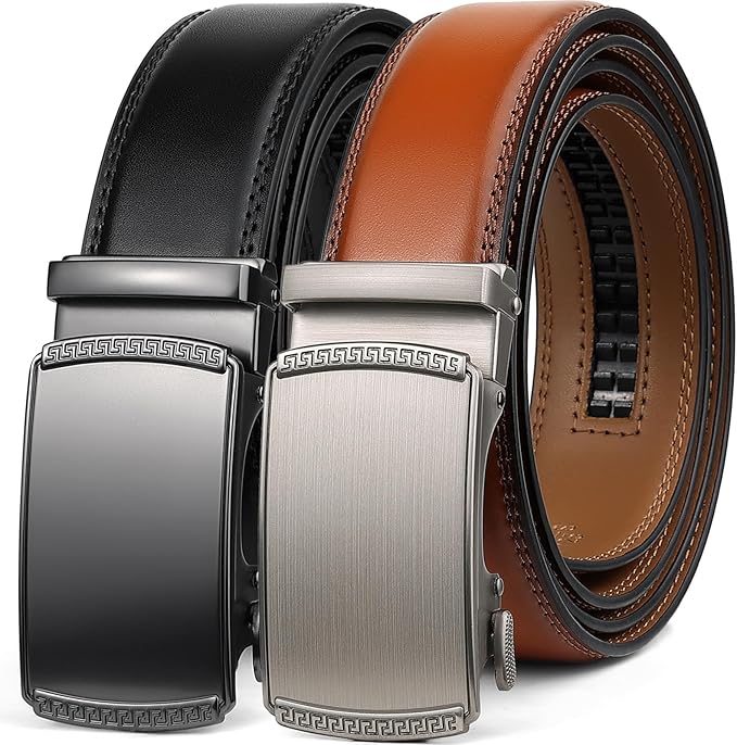 2 Pack Ratchet Belt 1 3/8", Mens leather Dress Belt in Gift Set Size 28"-62" Adjustable waist Trim to Fit