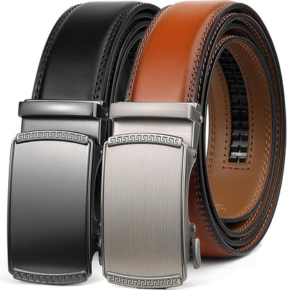 2 Pack Ratchet Belt 1 3/8", Mens leather Dress Belt in Gift Set Size 28"-62" Adjustable waist Trim to Fit