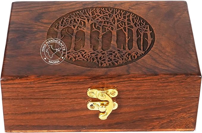 Rosewood Handmade Wooden Tree of Life Engraved Jewellery Box – Handcarved Keepsake Urn for Women & Men | Antique Finish Decorative Storage Organizer | Wooden Gift Box (7"x5.5"x3.5", 60 Cubic In)