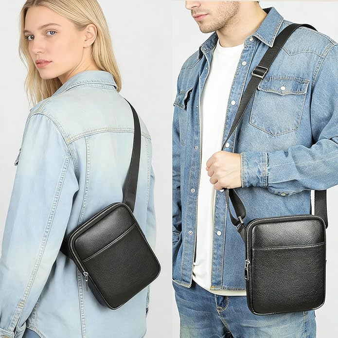 NIUCUNZH Man Purses and Bags Small, Mini Genuine Leather Messenger and Shoulder Bag for Men with lots of Zipper Pockets