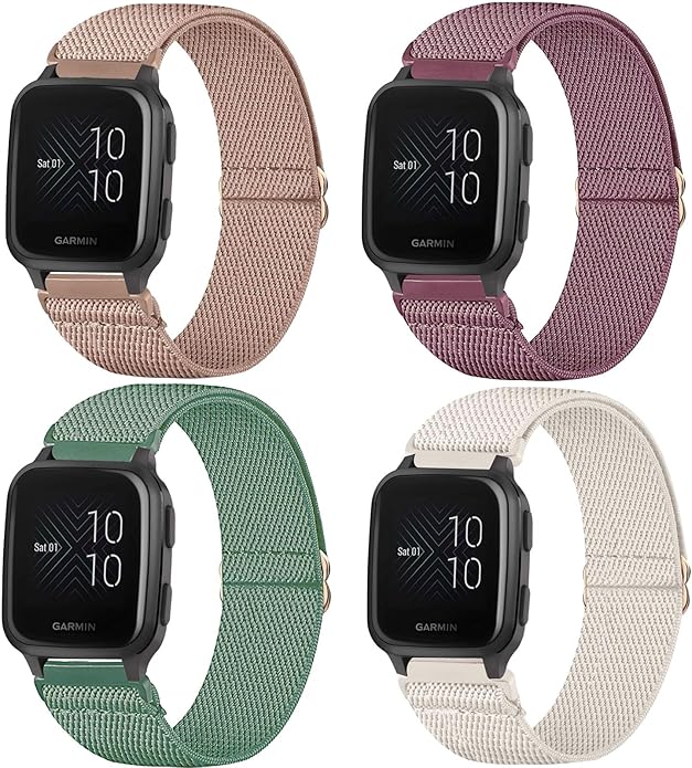 4 Pack Stretchy Watch Bands Compatible with 20mm Garmin Venu Sq/Venu Sq 2, Loop Nylon Elastic Fabric Strap for Garmin Vivomove Style/Luxe/HR Women Men