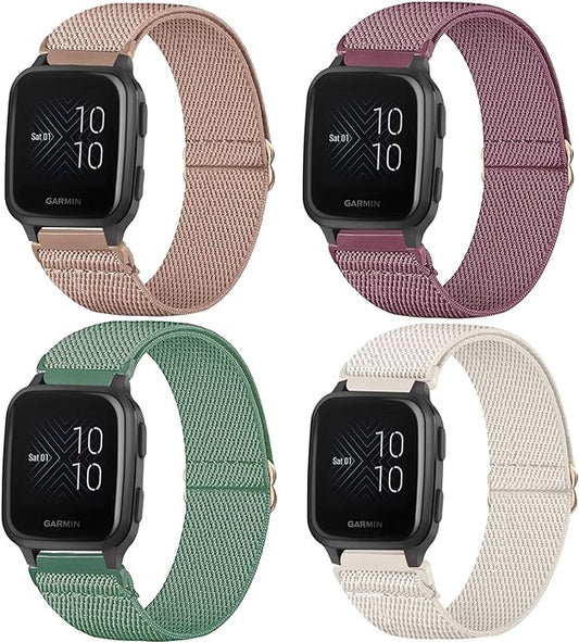 4 Pack Stretchy Watch Bands Compatible with 20mm Garmin Venu Sq/Venu Sq 2, Loop Nylon Elastic Fabric Strap for Garmin Vivomove Style/Luxe/HR Women Men