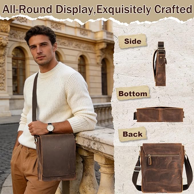Leathario Crossbody Bag for Men Genuine Leather Small Messenger Shoulder Purse Side Vintage Satchel for Work Travel Daily