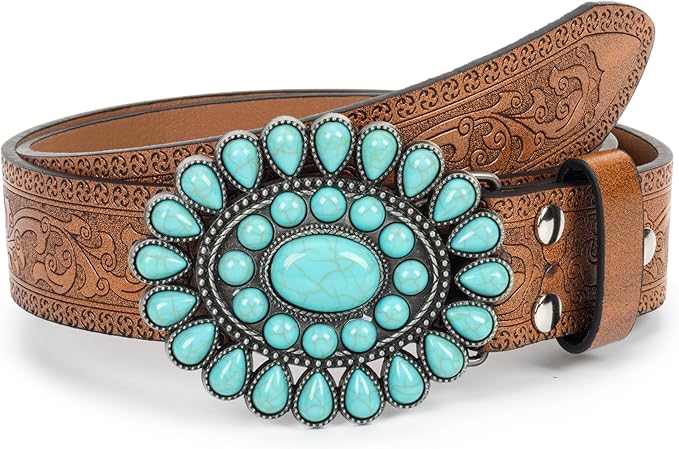INOGIH Adjustable-Vintage-Western-Cowboy-Belt Women Men - Cowboy-Style Engraved-Buckle Belt for Jeans Pants Dresses