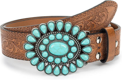 INOGIH Adjustable-Vintage-Western-Cowboy-Belt Women Men - Cowboy-Style Engraved-Buckle Belt for Jeans Pants Dresses
