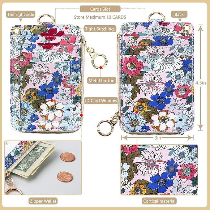 bolimoss 2-in-1 Floral Lanyard Wallet & ID Badge Holder, Vertical Leather ID Card Name Badge Holders with Small Zip ID Case Breakaway Wristlet & Cute Neck Lanyard for Offices, Woker, Teacher, Students