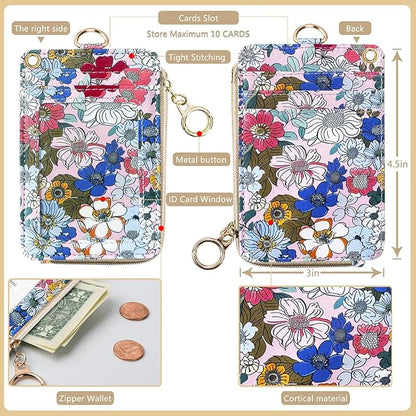 bolimoss 2-in-1 Floral Lanyard Wallet & ID Badge Holder, Vertical Leather ID Card Name Badge Holders with Small Zip ID Case Breakaway Wristlet & Cute Neck Lanyard for Offices, Woker, Teacher, Students