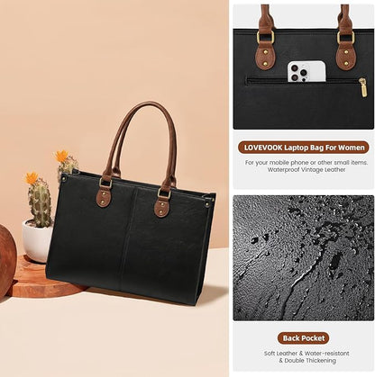LOVEVOOK Laptop Tote Bag for Women, 15.6 Inch Large Capacity Vintage Leather Work Computer Bag, Business Casual Shoulder Handbag, Black & Brown