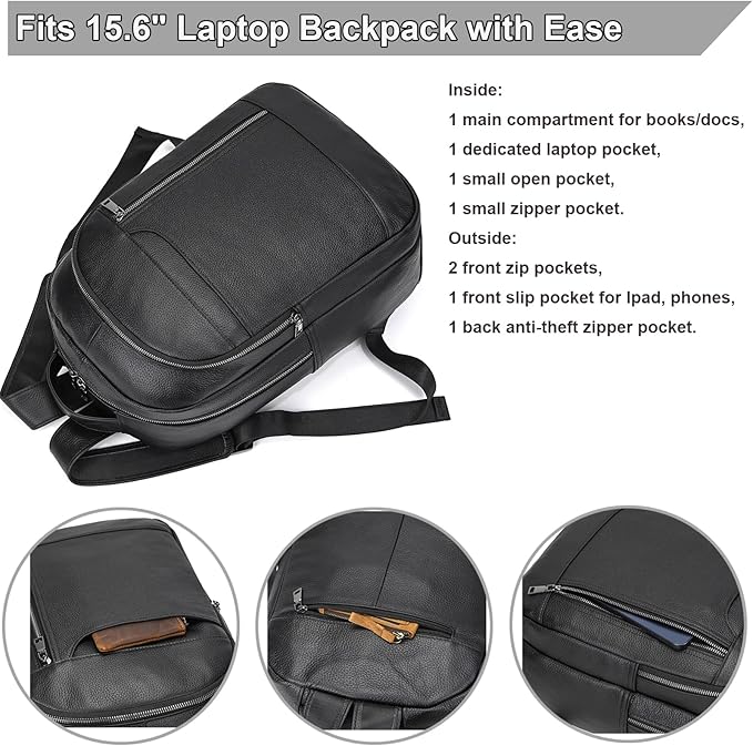 Large Capacity Black Leather Backpack for Men, 15.6 Inch Genuine Leather Laptop Backpack Business Travel Shoulder Daypacks