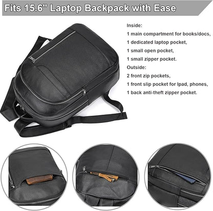 Large Capacity Black Leather Backpack for Men, 15.6 Inch Genuine Leather Laptop Backpack Business Travel Shoulder Daypacks