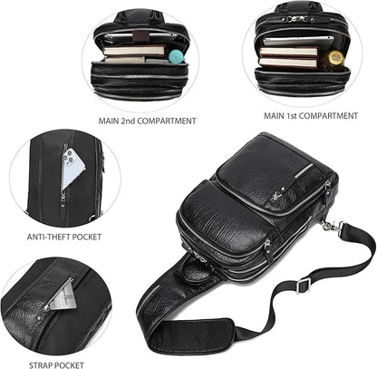 LANNSYNE Full Grain Leather Sling Bag For Men, Crossbody Bag fits 12.9" iPad Crossbody Chest Daypack