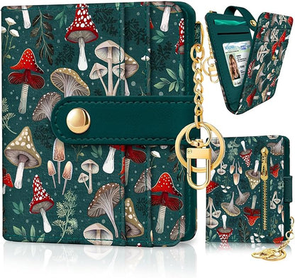 Jogjam Mushroom Green Rfid Ladies Wallet, Small Slim Thin Compact Credit Card Women Wallet, PU Leather Bifold Cash Zipper Coin Pocket ID Window for Female