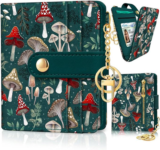 Jogjam Mushroom Green Rfid Ladies Wallet, Small Slim Thin Compact Credit Card Women Wallet, PU Leather Bifold Cash Zipper Coin Pocket ID Window for Female
