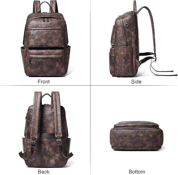 Vegan Leather Backpack for Women and Men, Fits 16.0 Inch Laptop, Multi-Pocket Design with Water Bottle and Luggage Strap, Ideal for Work, Travel, and Daily Use, Coffee