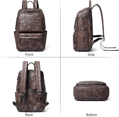 Vegan Leather Backpack for Women and Men, Fits 16.0 Inch Laptop, Multi-Pocket Design with Water Bottle and Luggage Strap, Ideal for Work, Travel, and Daily Use, Coffee