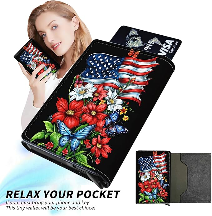 Minimalist Wallet for Men's Card Holders, Pop-Up Card Case Wallets for Women, Leather Automatic Credit Card Holder with Metal Money Clip RFID Blocking Bifold Pocket, National Flag Red Flowers