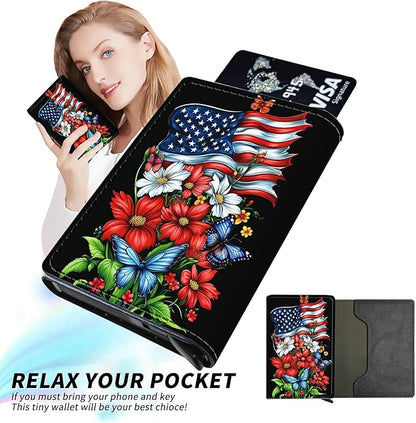 Minimalist Wallet for Men's Card Holders, Pop-Up Card Case Wallets for Women, Leather Automatic Credit Card Holder with Metal Money Clip RFID Blocking Bifold Pocket, National Flag Red Flowers