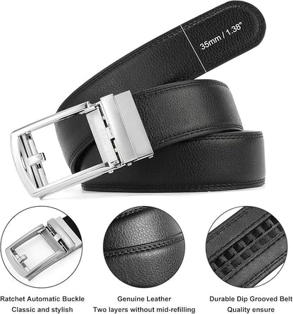 GAEKEAO Ratchet Belt for Men Genuine Leather 1 3/8" - Micro-Adjust Buckle Trim to Fit Dress Belt Casual to Formal Gift Boxed