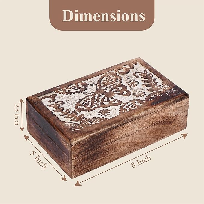 Ajuny Hand-Carved Mango Wood Jewelry Box 8x5 in – Butterfly Design Keepsake & Trinket Organizer, Vintage Decorative Chest with Hinged Lid (White/Brown) – Handmade Gift for Women & Girls